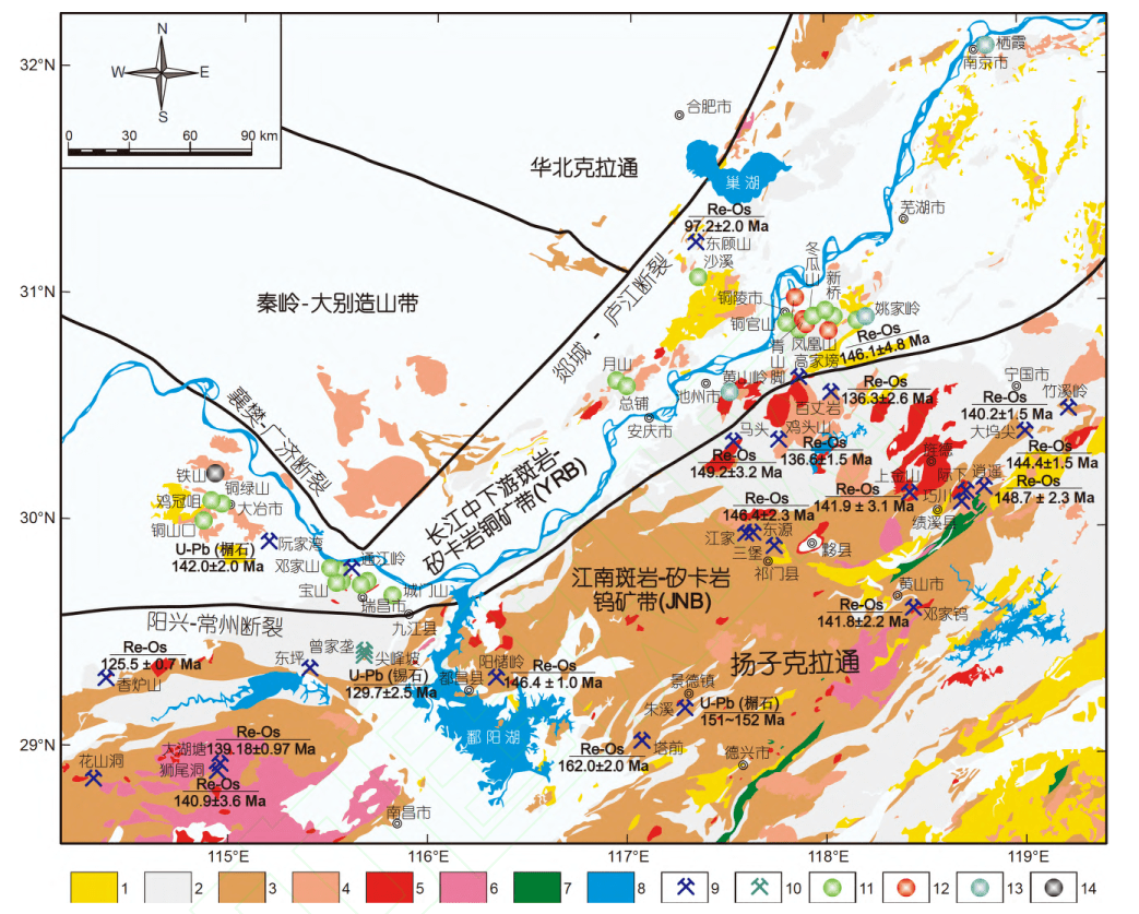 江南鎢礦帶地質與鎢礦分佈圖1, 中侏羅統至白堊系沉積岩和火山岩 ; 2