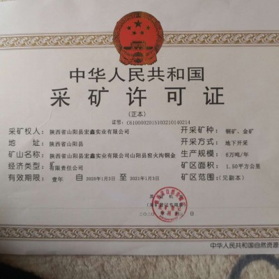 陕西省山阳县宏鑫实业有限公司窑火沟铜金矿采矿权及实物资产转让图2