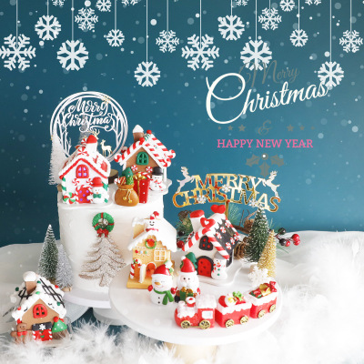 圣诞节闪烁彩灯姜饼屋玩偶摆件火车头礼物圣诞树情景蛋糕派对装饰