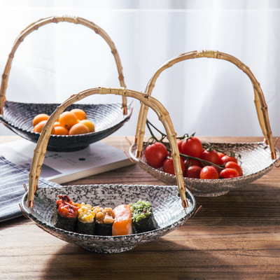 陶瓷吊盘日式盘子 竹提手创意西成人饭盘盘水果盘摆盘家用餐具