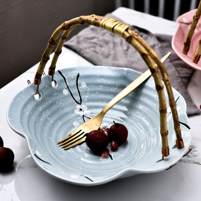 日式陶瓷水果盘子客厅装饰竹提手吊盘糖果篮寿司酒店餐厅菜盘刺身