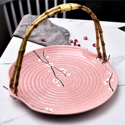 日式创意陶瓷盘子竹提手吊盘甜品盘寿司盘水果盘餐厅酒店客厅摆盘