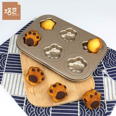 跨境 烘焙模具 金色防粘爪子形 6连猫爪碳钢蛋糕磨具 熊掌蛋糕模