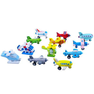 和风木制儿童彩色迷你小飞机小汽车十二件套模型玩具益智认知玩具