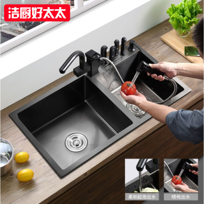 洁厨黑色纳米水槽不锈钢一体手工洗碗池台下盆厨房洗菜盆双槽单槽