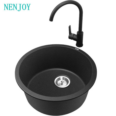 纯正石英石水槽圆形黑色单槽小号厨房洗菜盆迷你小水池洗碗盆套装