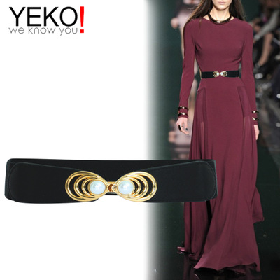 YEKO新款简约优雅女腰封细珍珠对扣十字纹弹力腰带女士松紧带装饰