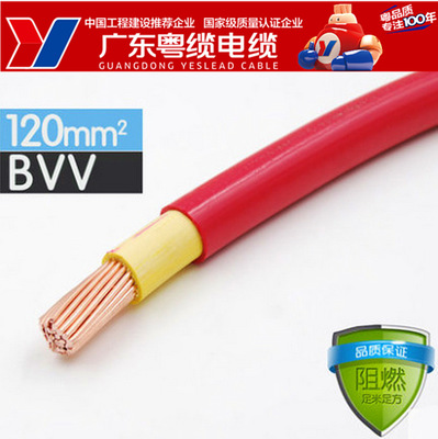 广东粤缆电缆 BVV-1×120mm2  阻燃电线 电线电缆 生产厂家