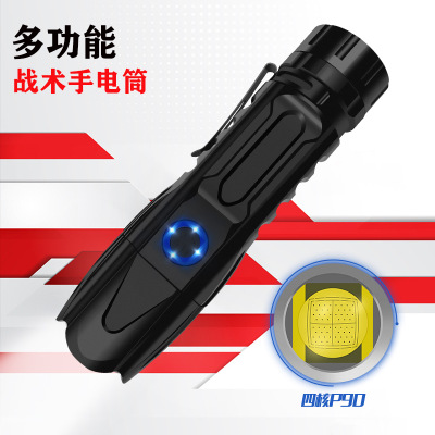 跨境新款p90强光手电筒多功能伸缩变焦usb充电防爆手机充电破窗锤