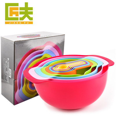 创意烘焙彩虹碗 塑料量杯碗10件套带刻度量勺 一体收纳米筛套装